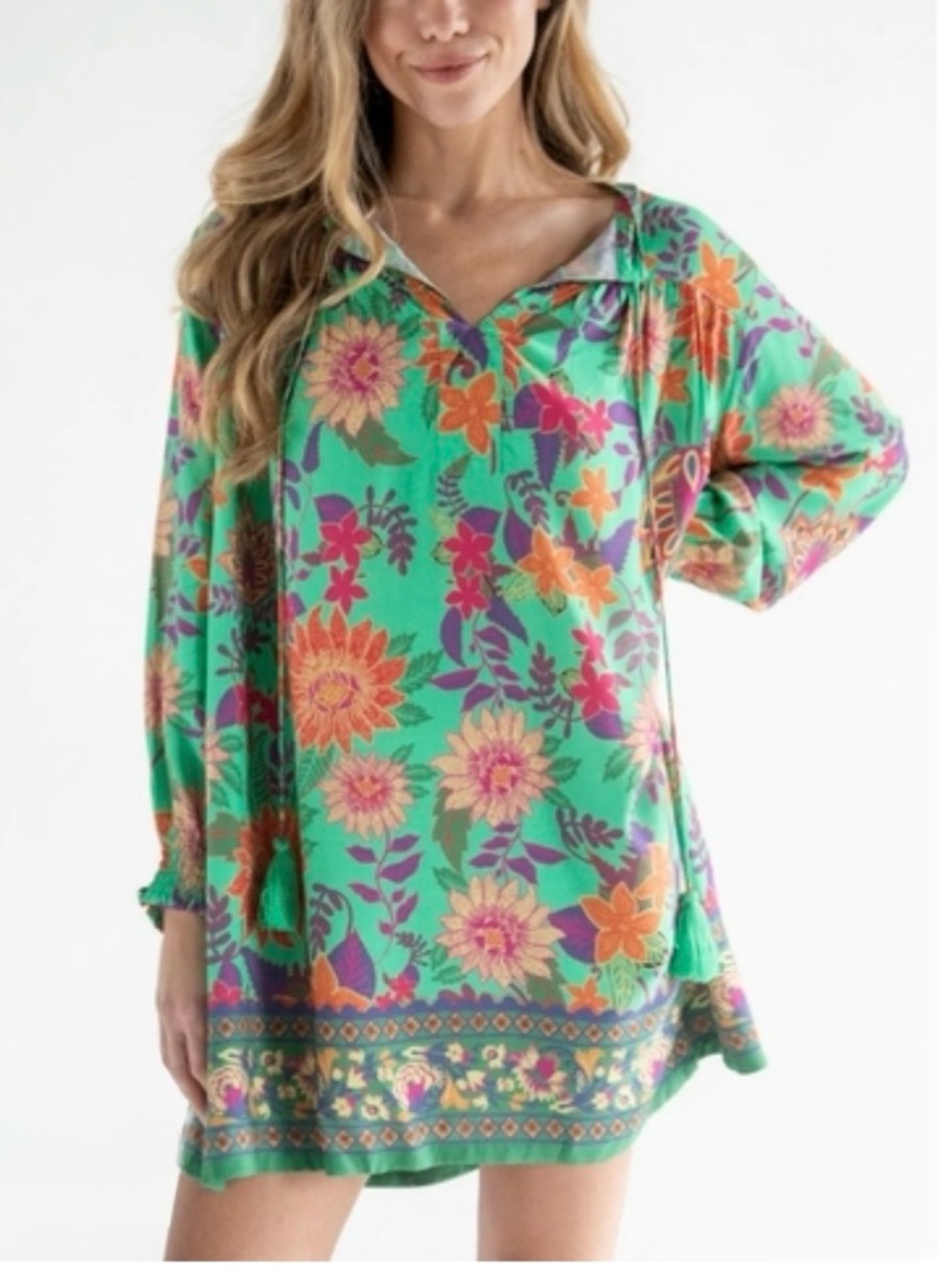 Natural Life Dara Tunic Dress Green Floral Boho Peasant Size XL